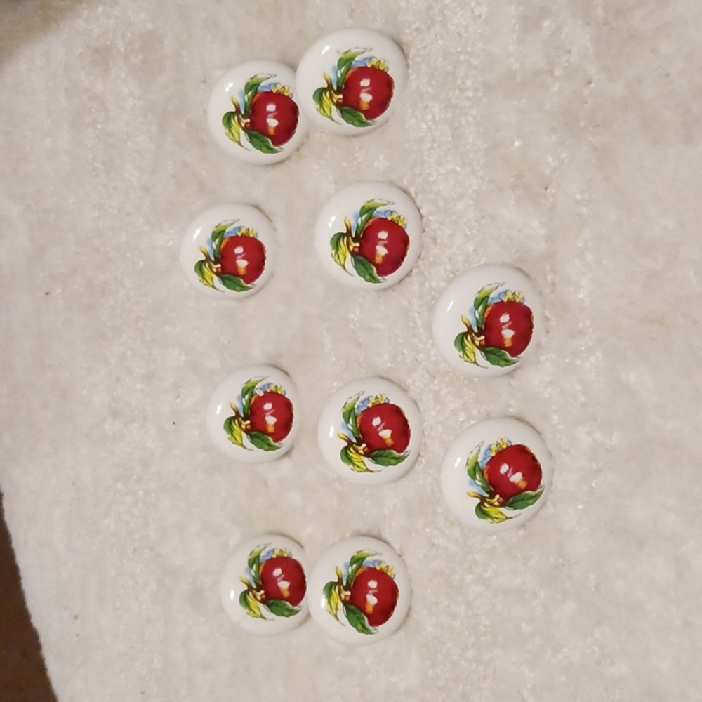 10 Vintage Ceramic White Knobs. Apple Cabinet Drawer Knobs. Country Knobs.